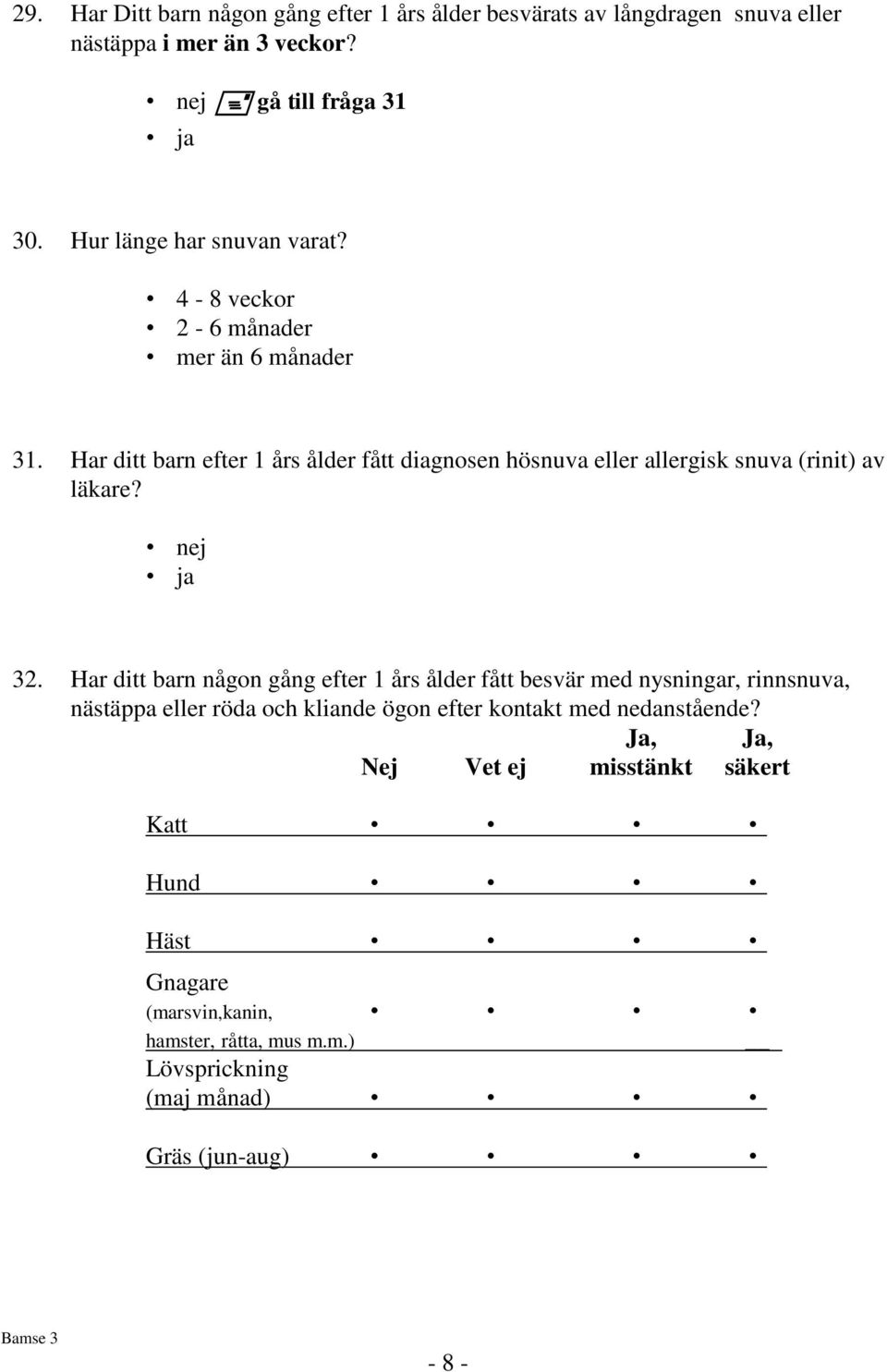 Har ditt barn efter 1 års ålder fått diagnosen hösnuva eller allergisk snuva (rinit) av läkare? 32.