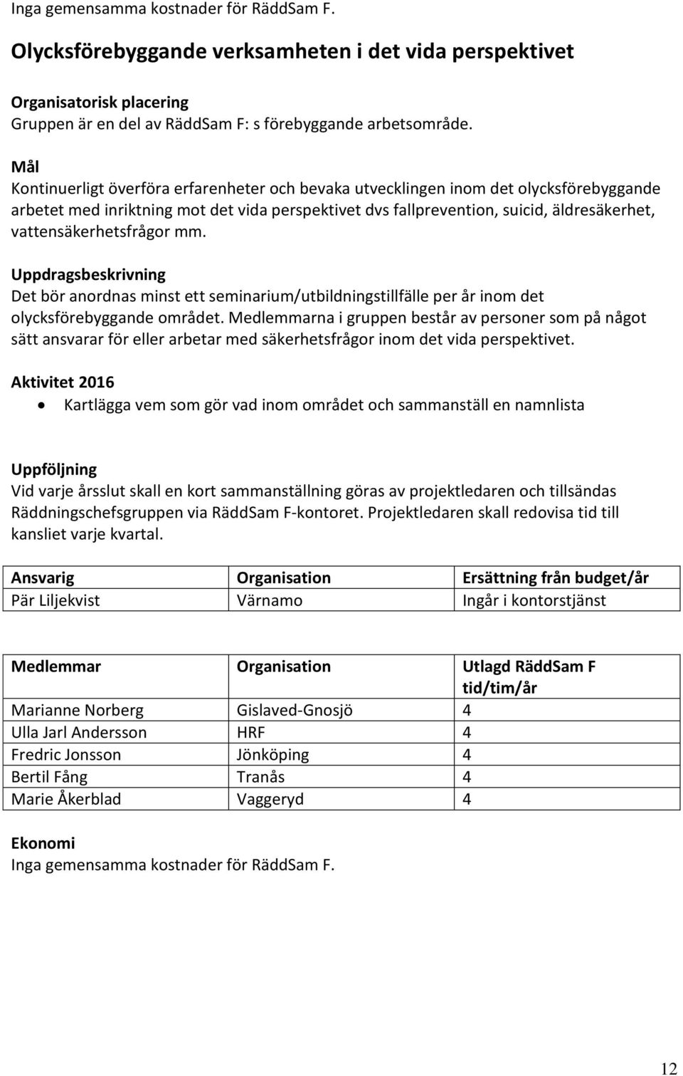 vattensäkerhetsfrågor mm. Uppdragsbeskrivning Det bör anordnas minst ett seminarium/utbildningstillfälle per år inom det olycksförebyggande området.