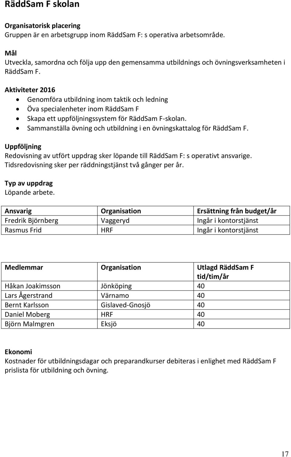 Sammanställa övning och utbildning i en övningskattalog för RäddSam F. Redovisning av utfört uppdrag sker löpande till RäddSam F: s operativt ansvarige.