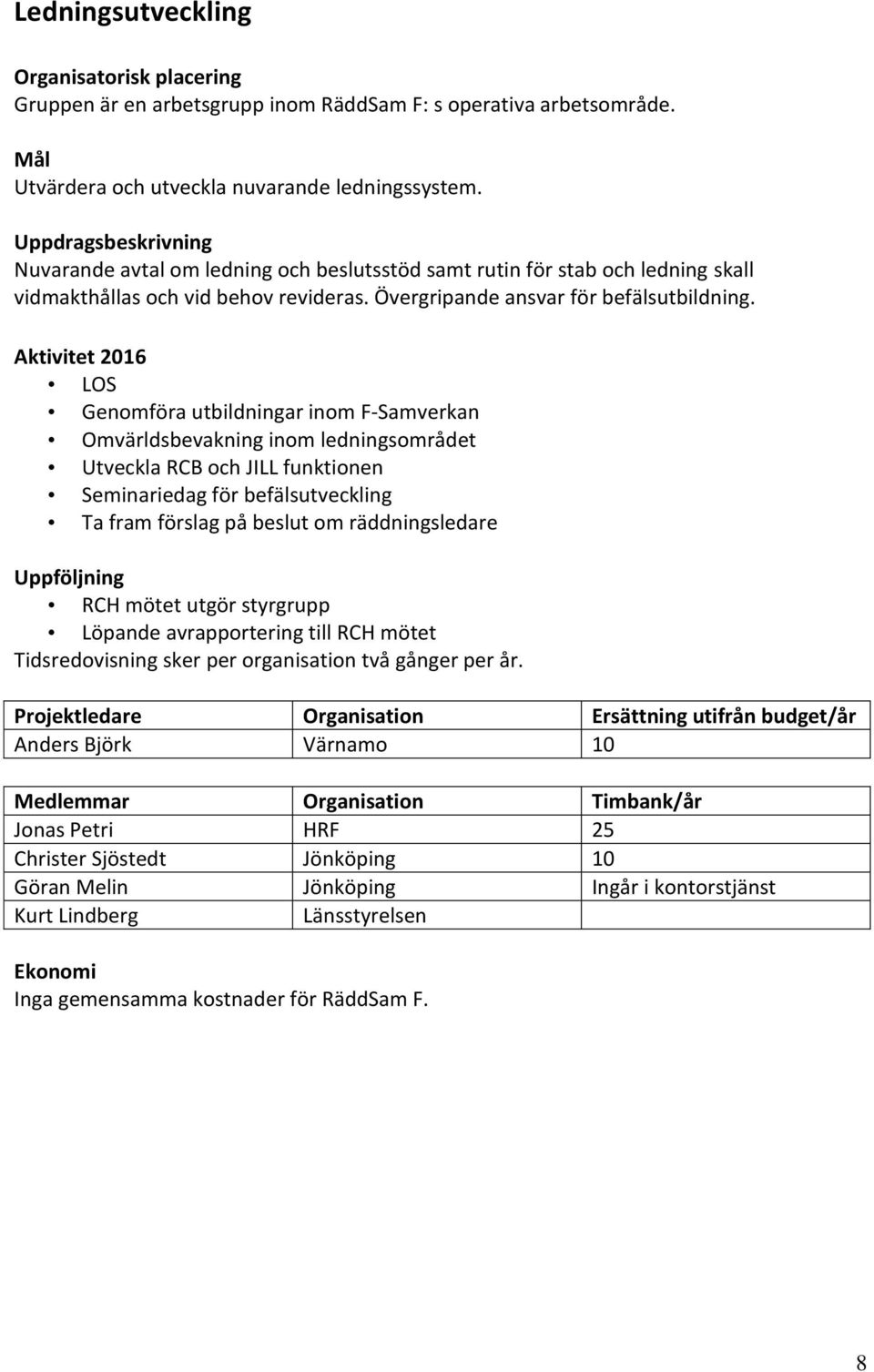 Aktivitet 2016 LOS Genomföra utbildningar inom F-Samverkan Omvärldsbevakning inom ledningsområdet Utveckla RCB och JILL funktionen Seminariedag för befälsutveckling Ta fram förslag på beslut om