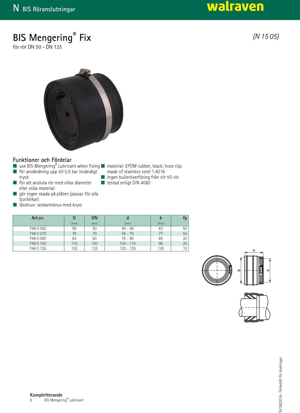 4016 tryck ingen bulleröverföring från rör till rör för att ansluta rör med olika diameter testad enligt DIN 4060 eller olika material gör ingen skada på plåten (passar