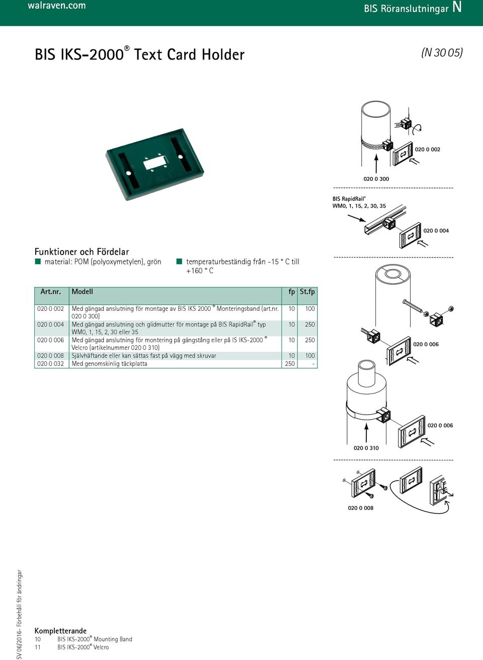 10 100 020 0 300) 020 0 004 Med gängad anslutning och glidmutter för montage på BIS RapidRail typ 10 250 WM0, 1, 15, 2, 30 eller 35 020 0 006 Med gängad anslutning för