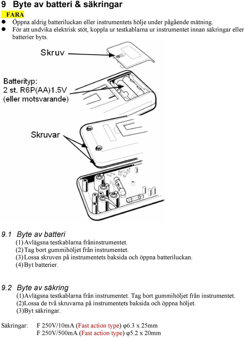 (2) Tag bort gummihöljet från instrumentet. (3) Lossa skruven på instrumentets baksida och öppna batteriluckan. (4) Byt batterier. 9.