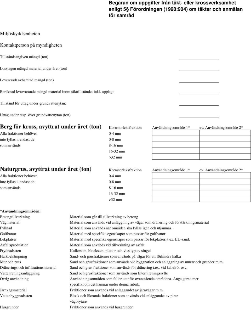 upplag: Tillstånd för uttag under grundvattenytan: Uttag under resp. över grundvattenytan (ton) Berg för kross, avyttrat under året (ton) Kornstorleksfraktion Användningsområde 1* ev.