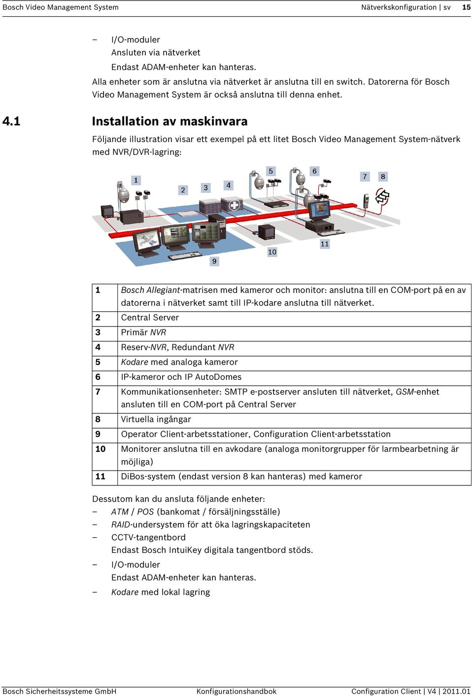 1 Installation av maskinvara Följande illustration visar ett exempel på ett litet Bosch Video Management System-nätverk med NVR/DVR-lagring: 1 Bosch Allegiant-matrisen med kameror och monitor: