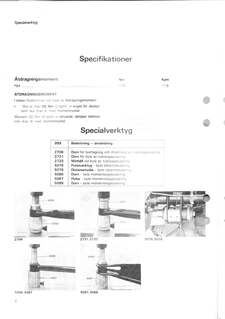 Specialverktyg = Beskrivning - användning 2706 2731 2733 5078 5079 5086 5087 5088 Dorn för borttagning och ditsati^.- -r :. Dorn för byte av tvärstagsbuss,.