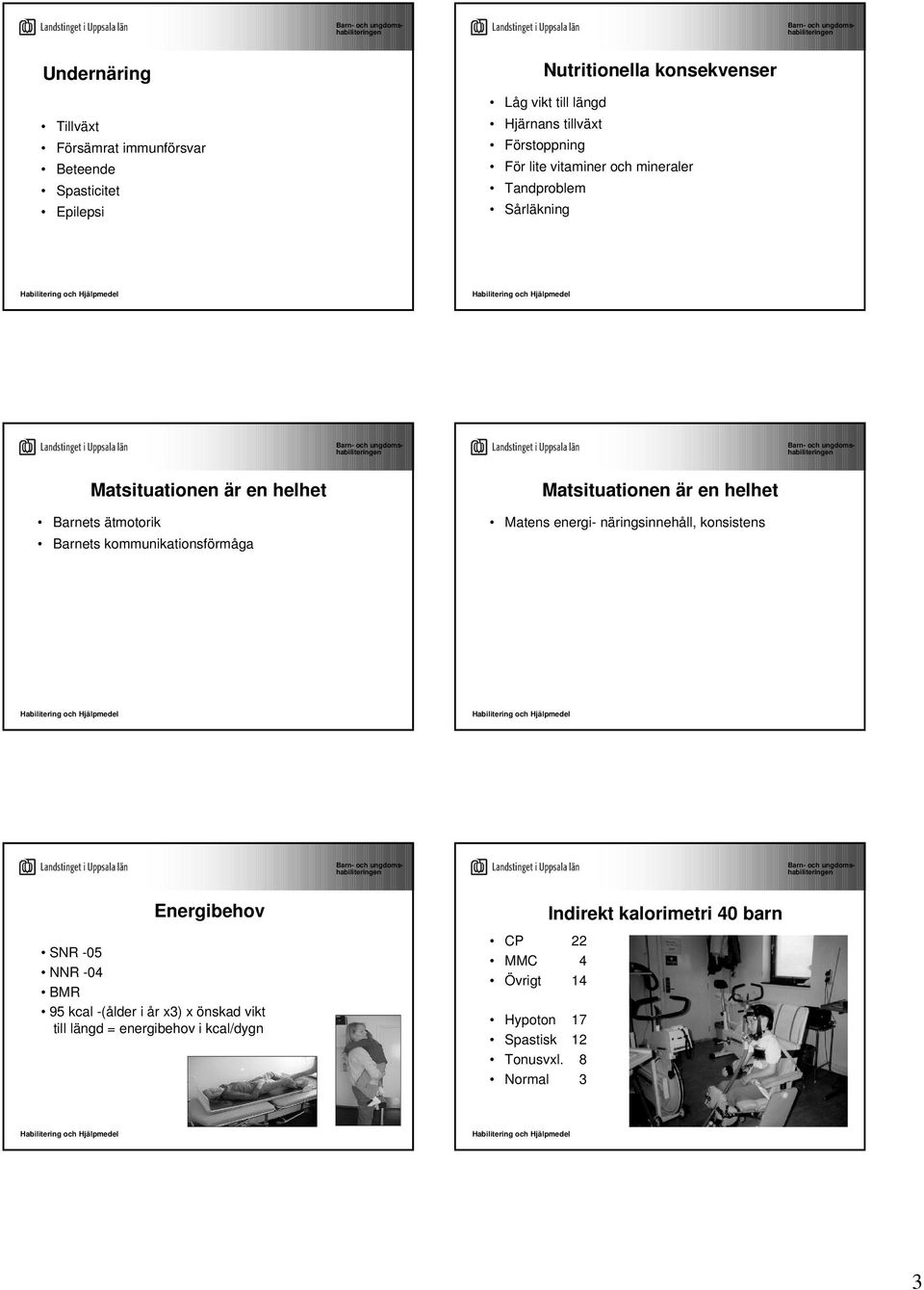 kommunikationsförmåga Matsituationen är en helhet Matens energi- näringsinnehåll, konsistens Energibehov SNR -05 NNR -04 BMR 95 kcal