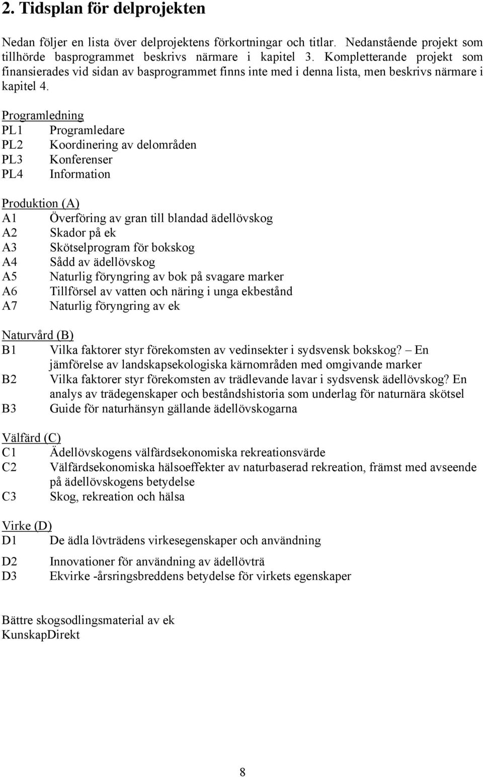 Programledning PL1 Programledare PL2 Koordinering av delområden PL3 Konferenser PL4 Information Produktion (A) A1 Överföring av gran till blandad ädellövskog A2 Skador på ek A3 Skötselprogram för