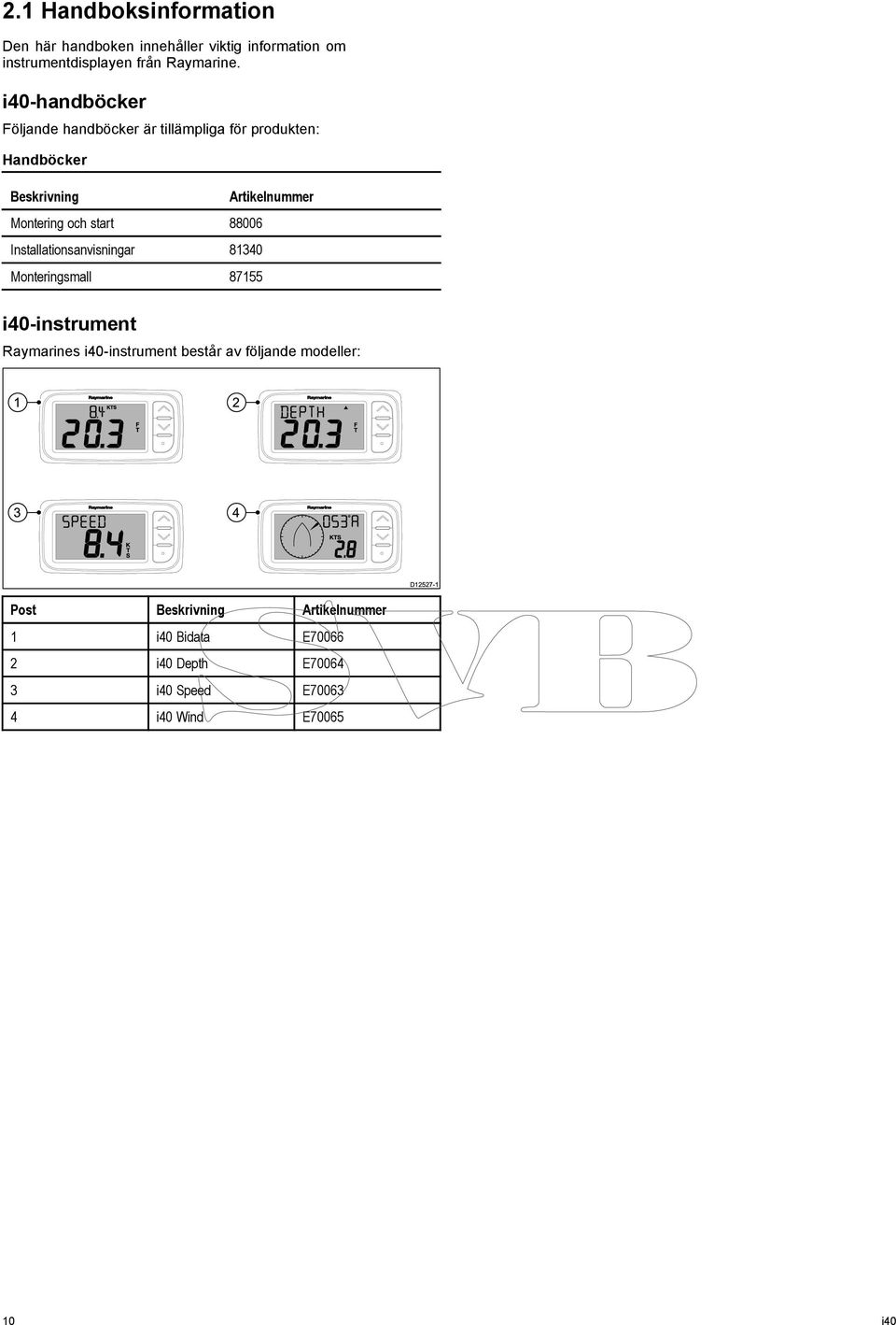 Installationsanvisningar 81340 Monteringsmall 87155 Artikelnummer i40-instrument Raymarines i40-instrument består av