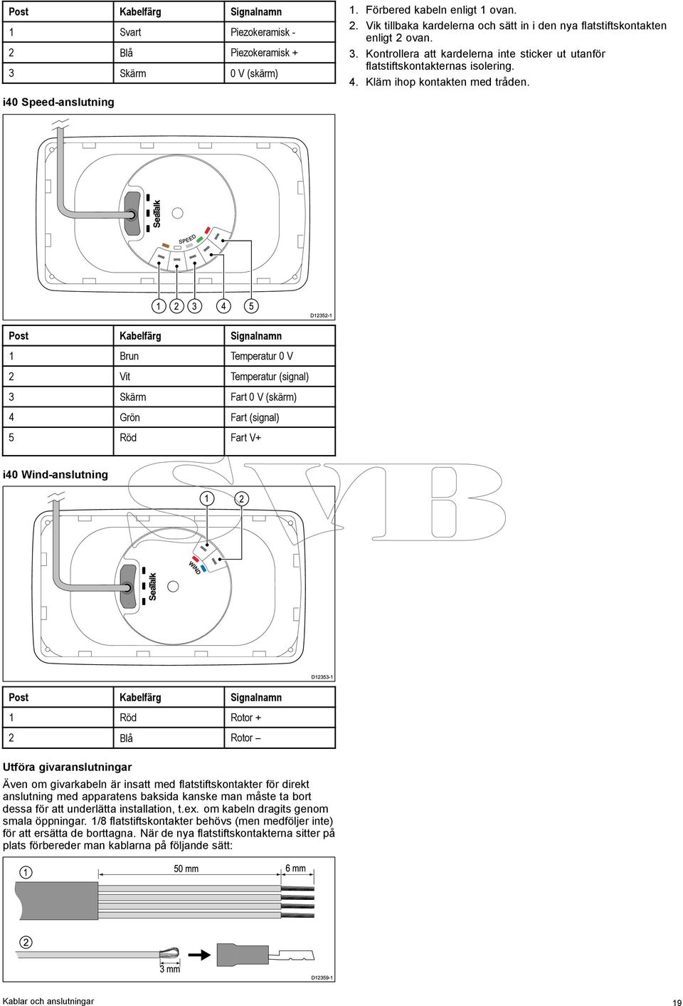 1 2 3 4 5 D12352-1 Post Kabelfärg Signalnamn 1 Brun Temperatur 0 V 2 Vit Temperatur (signal) 3 Skärm Fart 0 V (skärm) 4 Grön Fart (signal) 5 Röd Fart V+ i40 Wind-anslutning 1 2 D12353-1 Post