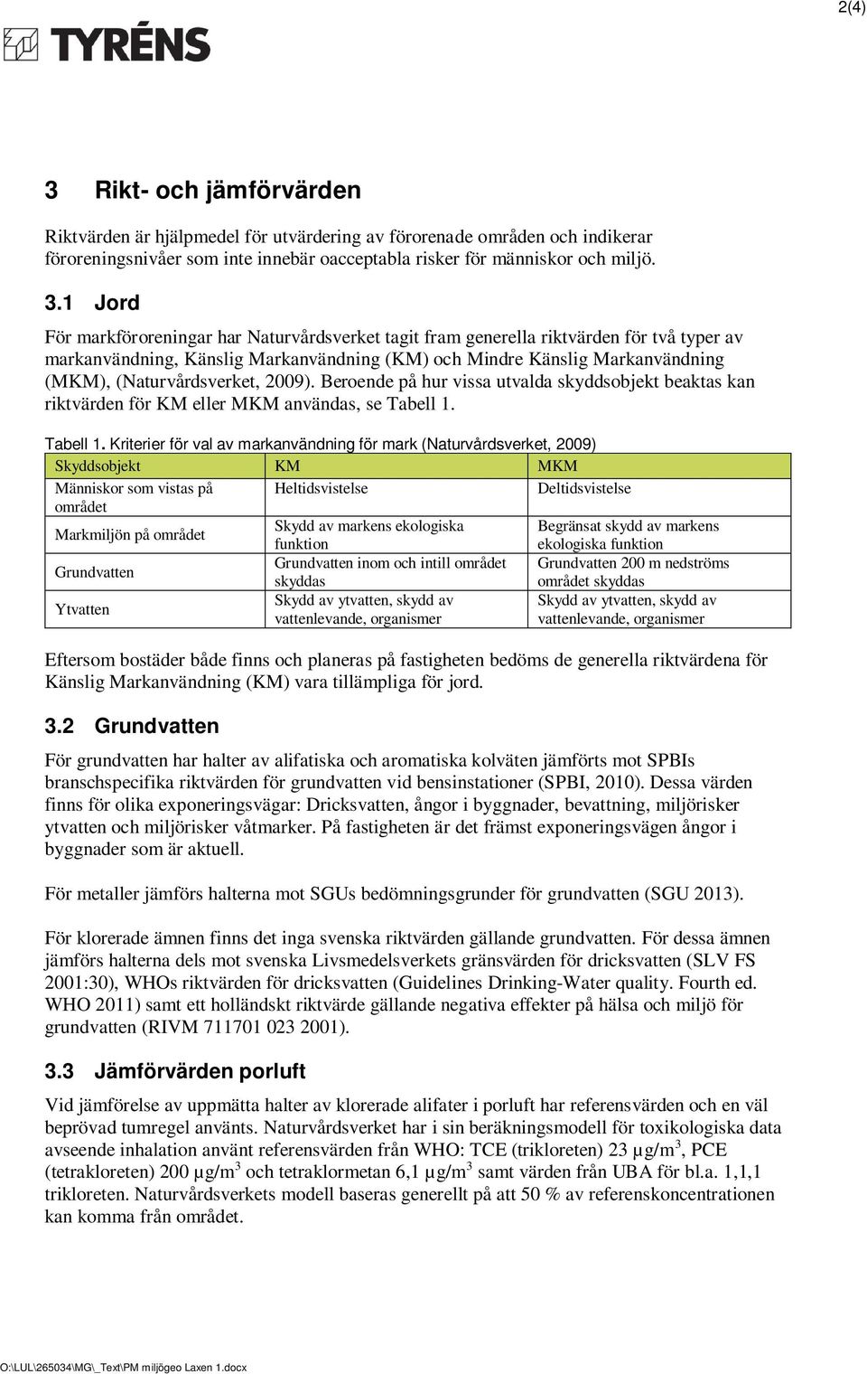 1 Jord För markföroreningar har Naturvårdsverket tagit fram generella riktvärden för två typer av markanvändning, Känslig Markanvändning (KM) och Mindre Känslig Markanvändning (MKM),