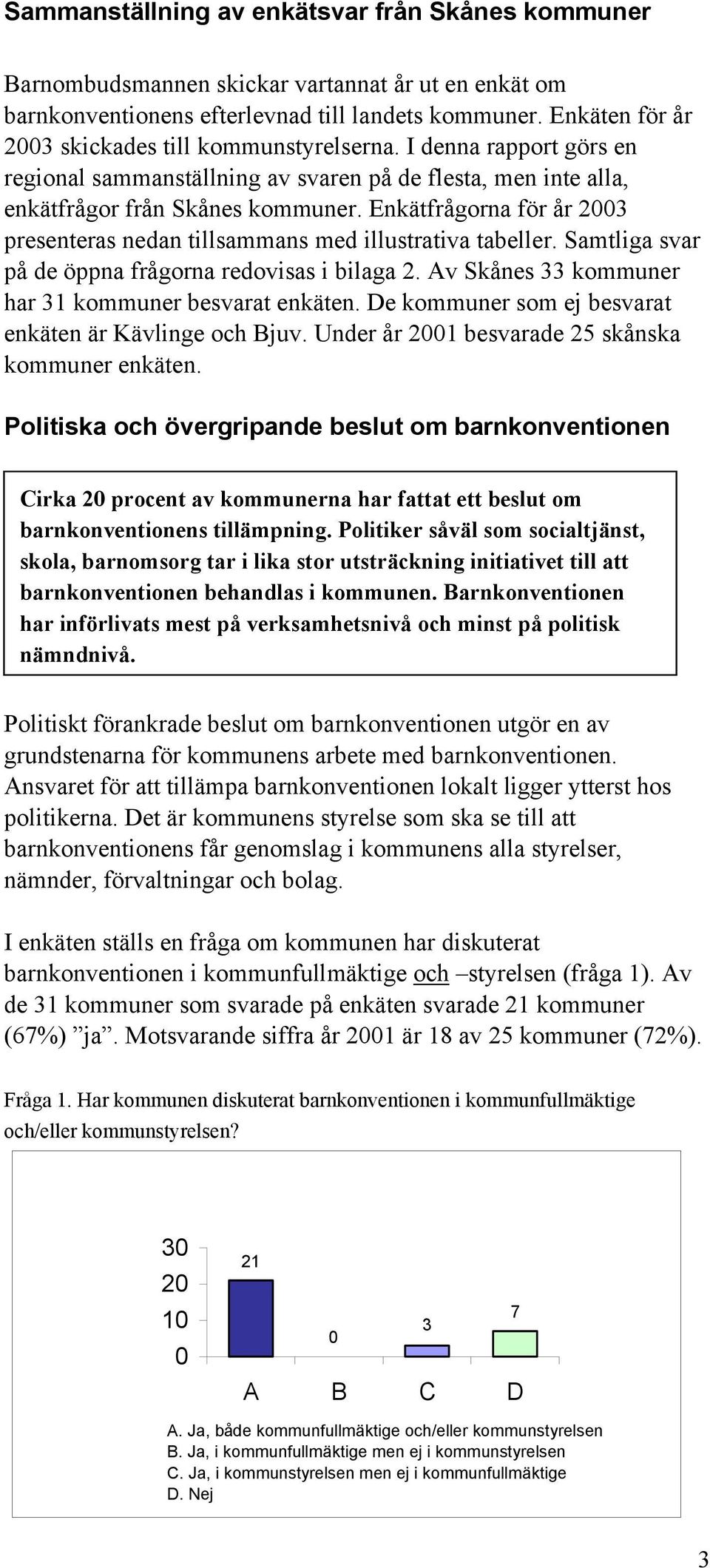 Enkätfrågorna för år 23 presenteras nedan tillsammans med illustrativa tabeller. Samtliga svar på de öppna frågorna redovisas i bilaga 2. Av Skånes 33 kommuner har 31 kommuner besvarat enkäten.