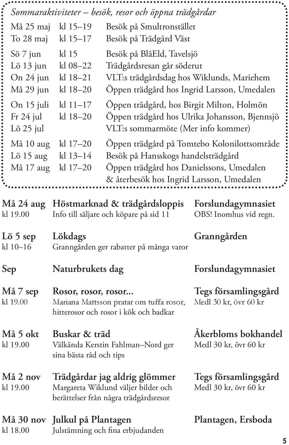 Milton, Holmön Fr 24 jul kl 18 20 Öppen trädgård hos Ulrika Johansson, Bjennsjö Lö 25 jul VLT:s sommarmöte (Mer info kommer) Må 10 aug kl 17 20 Öppen trädgård på Tomtebo Kolonilottsområde Lö 15 aug