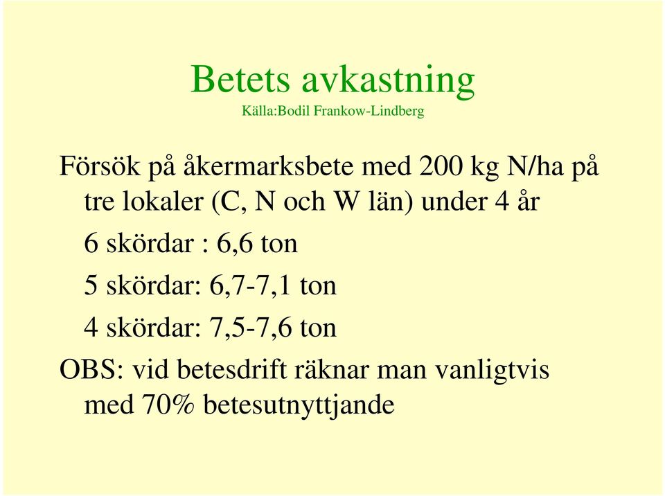 under 4 år 6 skördar : 6,6 ton 5 skördar: 6,7-7,1 ton 4 skördar: