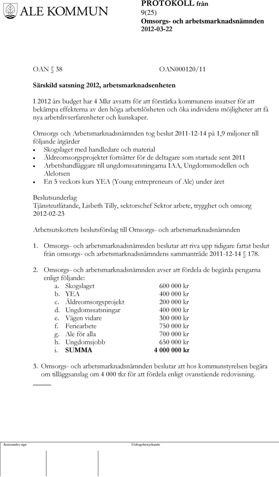 Omsorgs och Arbetsmarknadsnämnden tog beslut 2011-12-14 på 1,9 miljoner till följande åtgärder Skogslaget med handledare och material Äldreomsorgsprojektet fortsätter för de deltagare som startade