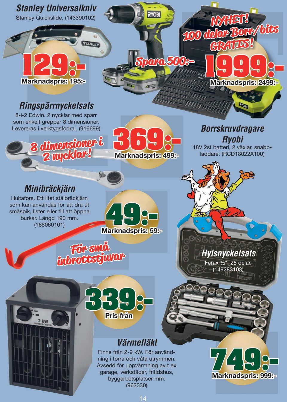 (916699) 8 dimensioner i 2 nycklar! 49:- Marknadspris: 59:- Borrskruvdragare Ryobi 18V 2st batteri, 2 växlar, snabbladdare. (RCD18022A100) Minibräckjärn Hultafors.