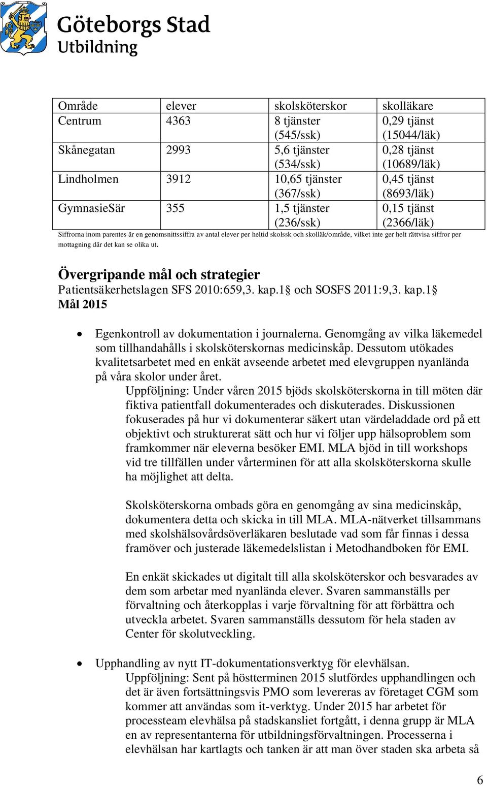 vilket inte ger helt rättvisa siffror per mottagning där det kan se olika ut. Övergripande mål och strategier Patientsäkerhetslagen SFS 2010:659,3. kap.