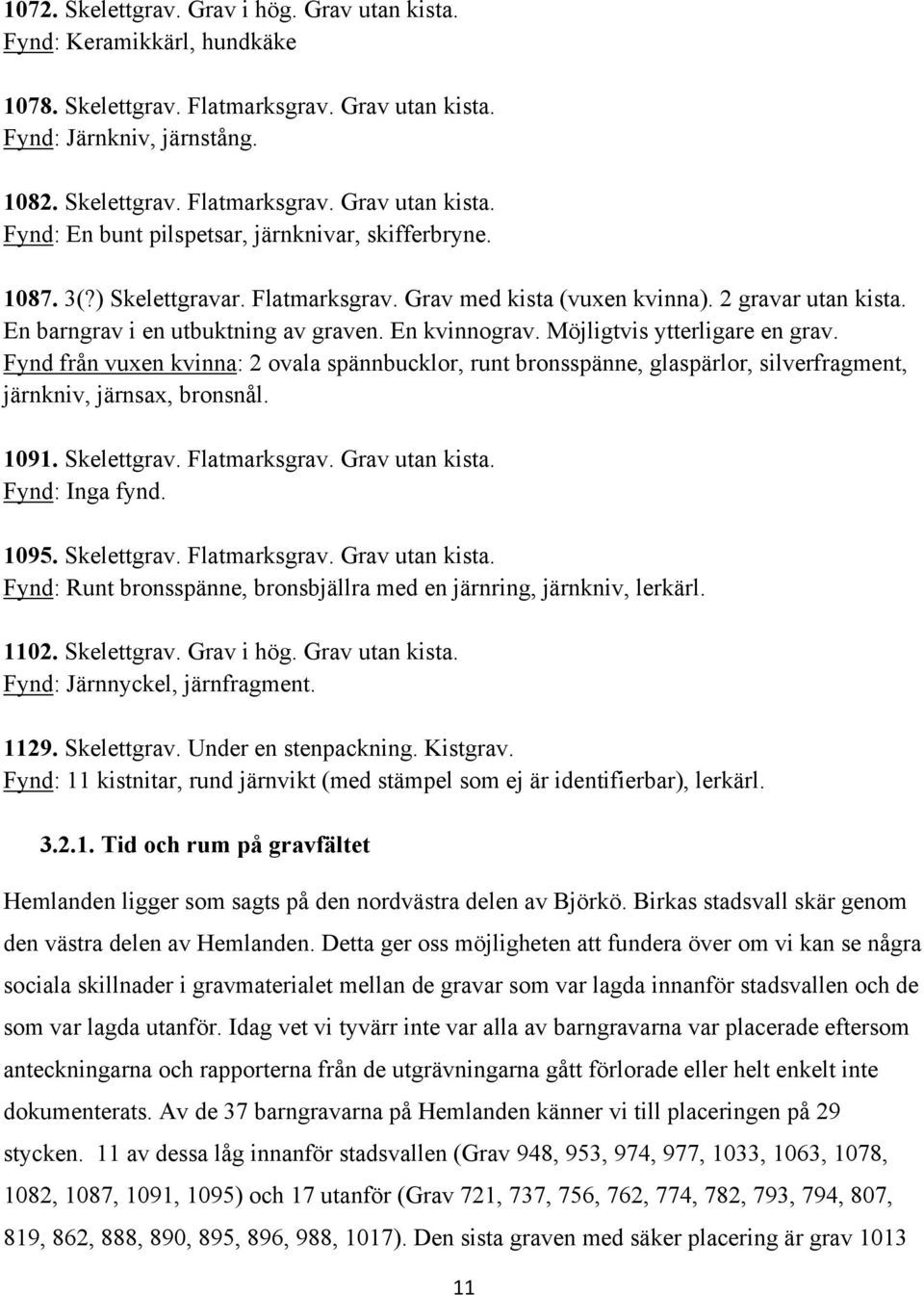 Fynd från vuxen kvinna: 2 ovala spännbucklor, runt bronsspänne, glaspärlor, silverfragment, järnkniv, järnsax, bronsnål. 1091. Skelettgrav. Flatmarksgrav. Grav utan kista. Fynd: Inga fynd. 1095.