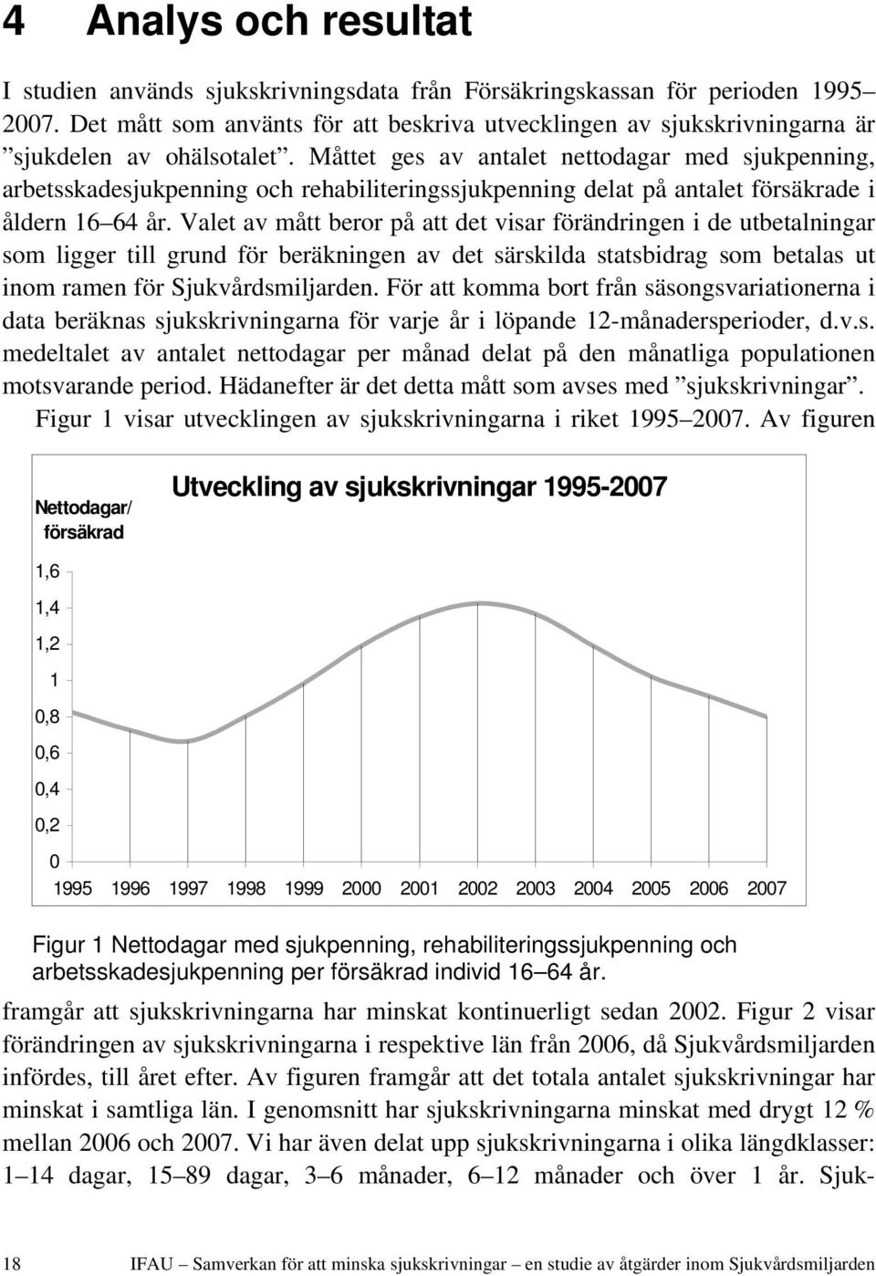 Måttet ges av antalet nettodagar med sjukpenning, arbetsskadesjukpenning och rehabiliteringssjukpenning delat på antalet försäkrade i åldern 16 64 år.