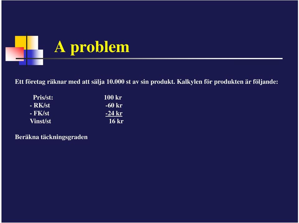 Kalkylen för produkten är följande: Pris/st: