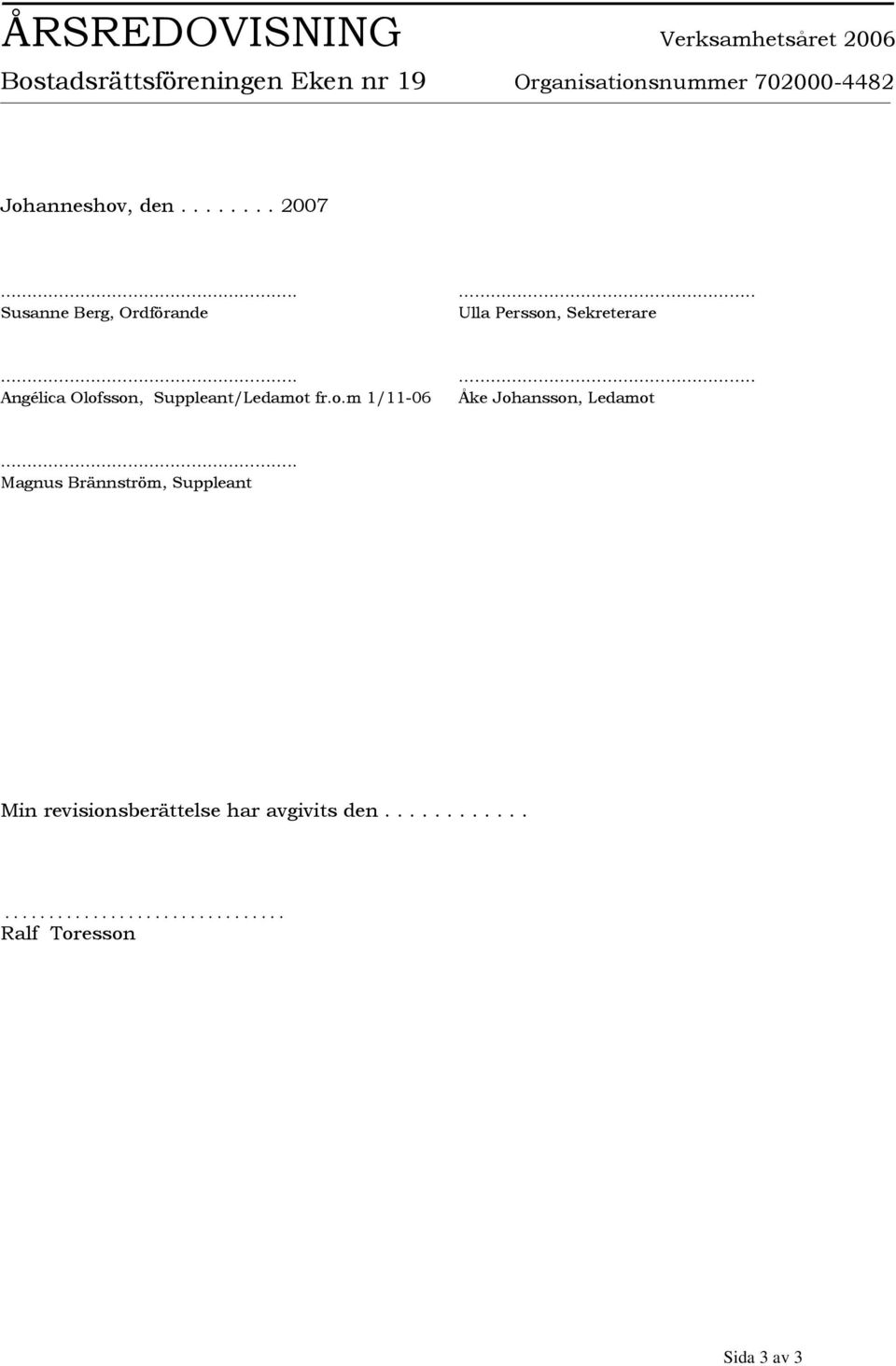 . Angélica Olofsson, Suppleant/Ledamot fr.o.m 1/11-06.. Åke Johansson, Ledamot.