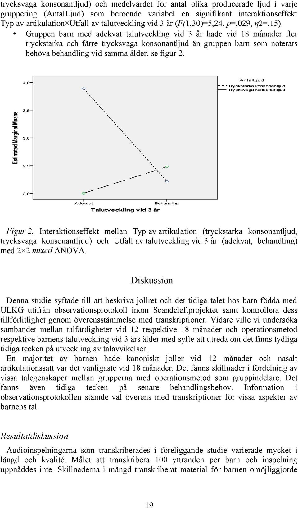 Gruppen barn med adekvat talutveckling vid 3 år hade vid 18 månader fler tryckstarka och färre trycksvaga konsonantljud än gruppen barn som noterats behöva behandling vid samma ålder, se figur 2.