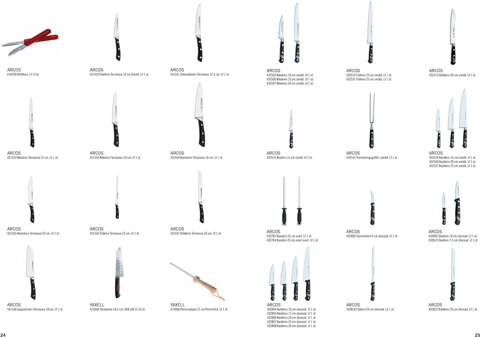 Lf 1 st. 431554 Kockskniv Terranova 16 cm. Lf 1 st. 432515 Benkniv 13 cm smidd. Lf 1 st. 432533 Trancheringsgaffel, smidd. Lf 1 st. 432534 Kockkniv 15 cm smidd. Lf 1 st. 432536 Kockkniv 20 cm smidd.