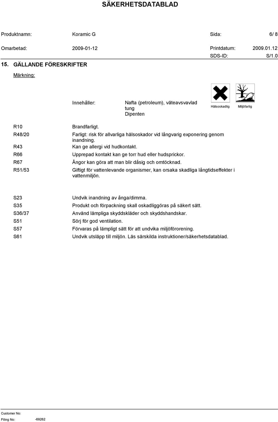 Ångor kan göra att man blir dåsig och omtöcknad. Giftigt för vattenlevande organismer, kan orsaka skadliga långtidseffekter i vattenmiljön. S23 S35 S36/37 S51 S57 S61 Undvik inandning av ånga/dimma.