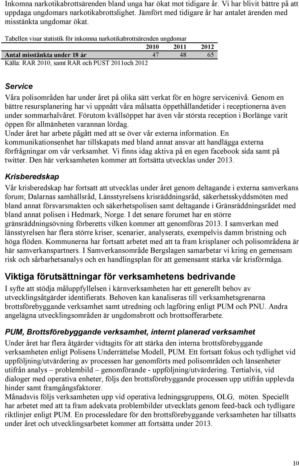 Tabellen visar statistik för inkomna narkotikabrottsärenden ungdomar 2010 2011 2012 Antal misstänkta under 18 år 47 48 65 Källa: RAR 2010, samt RAR och PUST 2011och 2012 Service Våra polisområden har