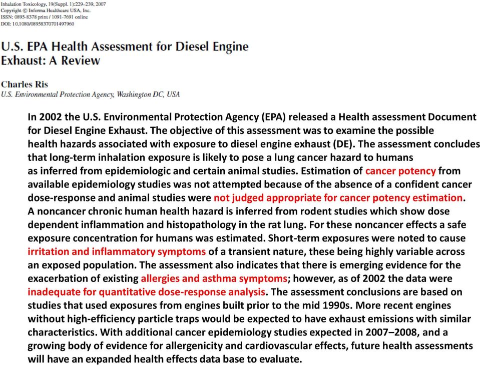 The assessment concludes that long-term inhalation exposure is likely to pose a lung cancer hazard to humans as inferred from epidemiologic and certain animal studies.