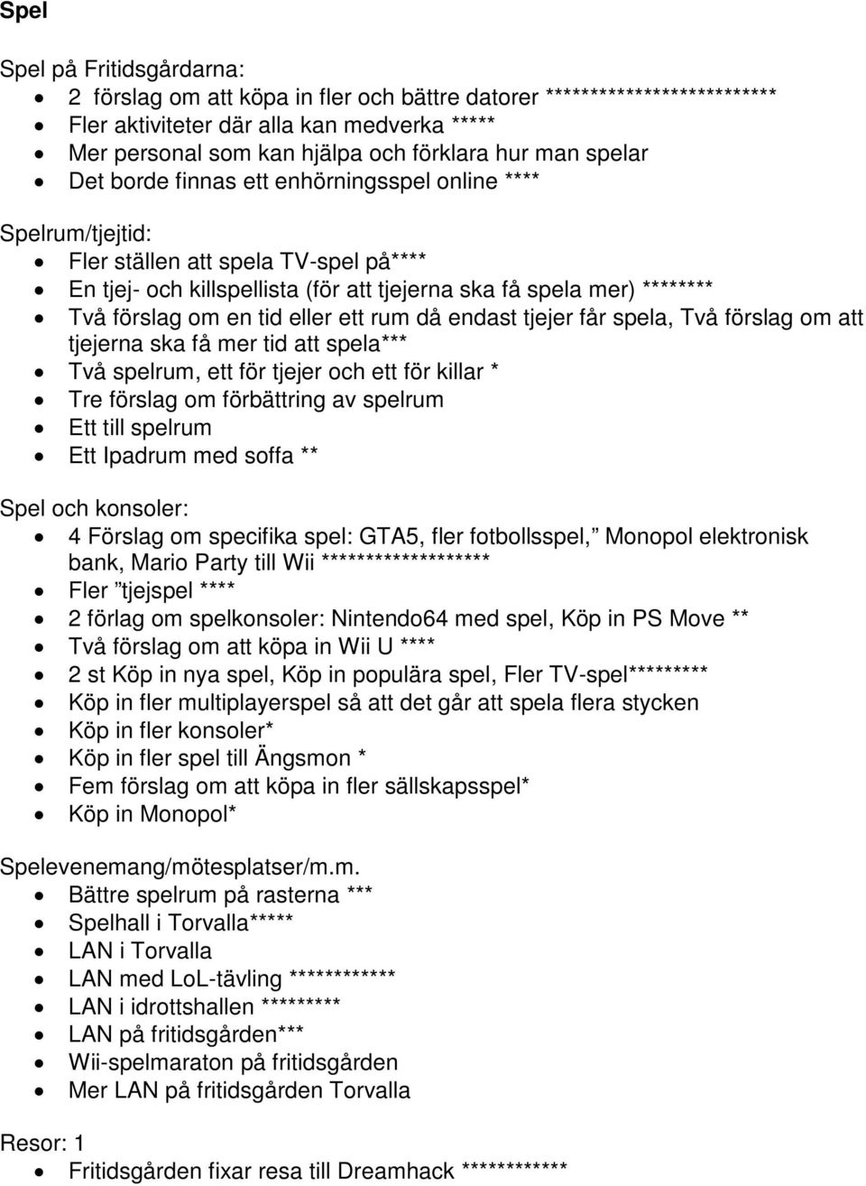 tid eller ett rum då endast tjejer får spela, Två förslag om att tjejerna ska få mer tid att spela*** Två spelrum, ett för tjejer och ett för killar * Tre förslag om förbättring av spelrum Ett till