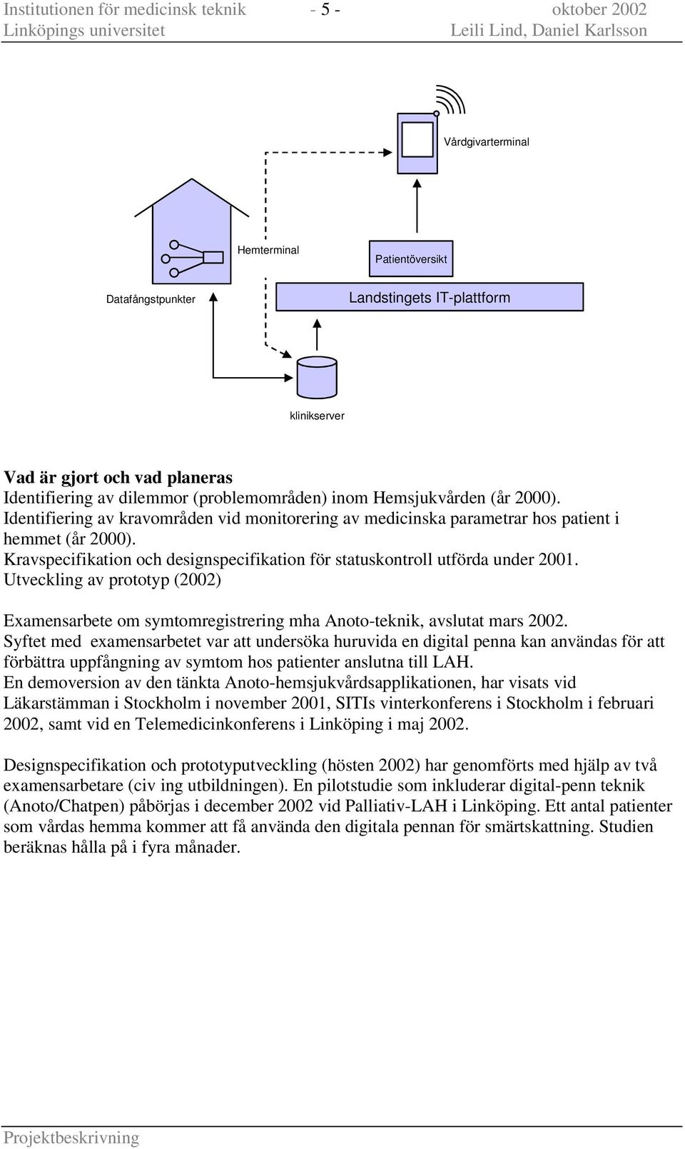 Kravspecifikation och designspecifikation för statuskontroll utförda under 2001. Utveckling av prototyp (2002) Examensarbete om symtomregistrering mha Anoto-teknik, avslutat mars 2002.