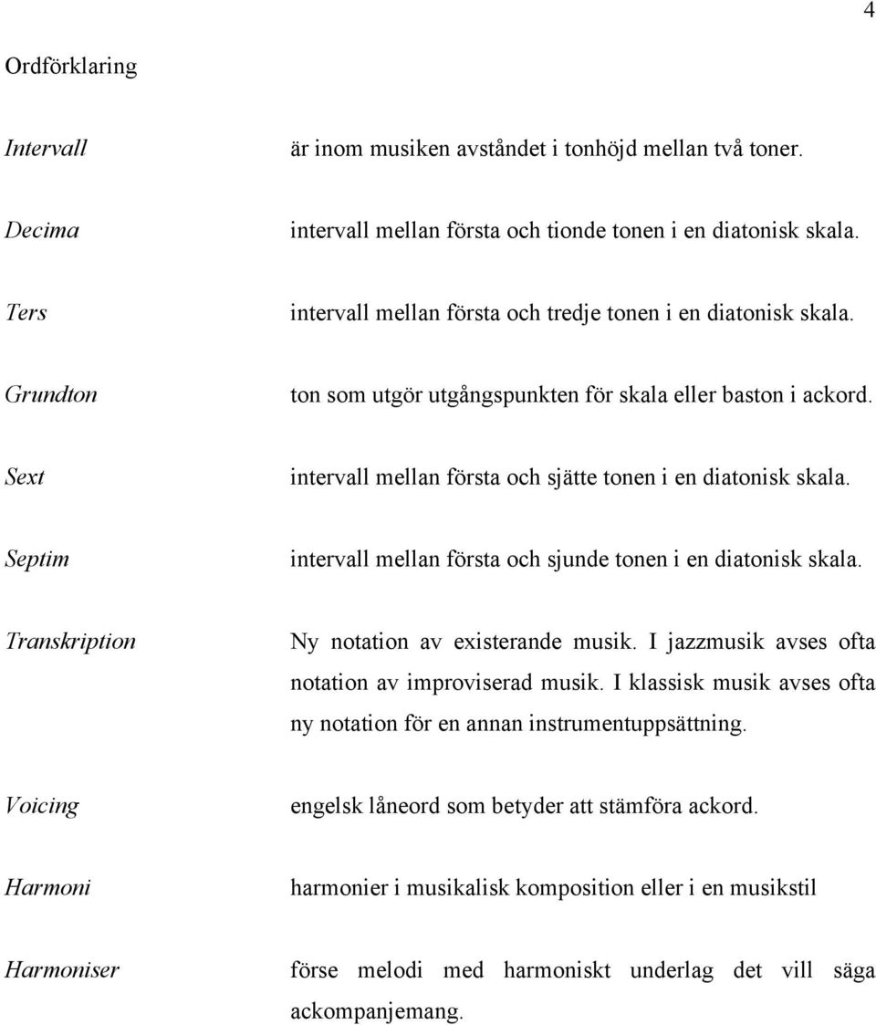 Sext intervall mellan första och sjätte tonen i en diatonisk skala. Septim intervall mellan första och sjunde tonen i en diatonisk skala. Transkription Ny notation av existerande musik.