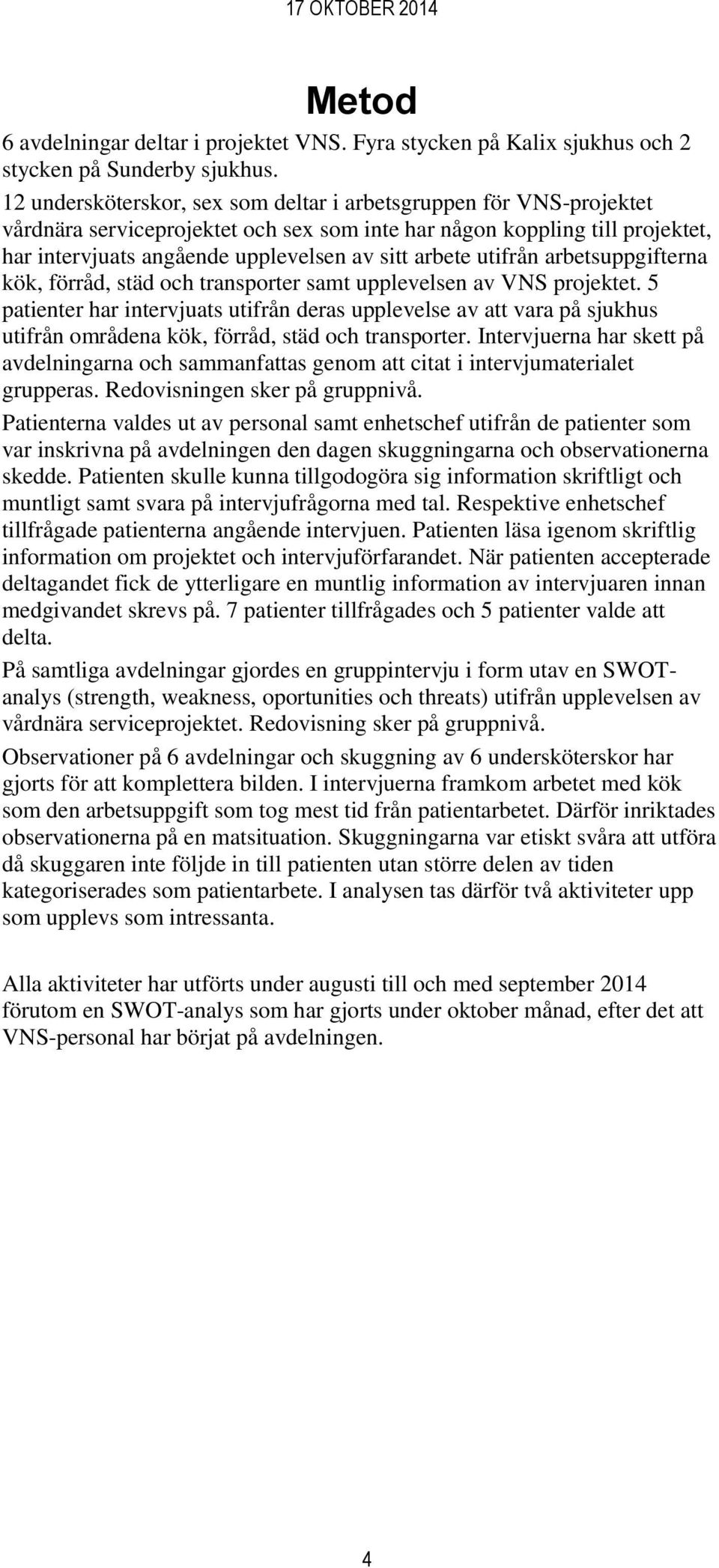 utifrån arbetsuppgifterna kök, förråd, städ och transporter samt upplevelsen av VNS projektet.