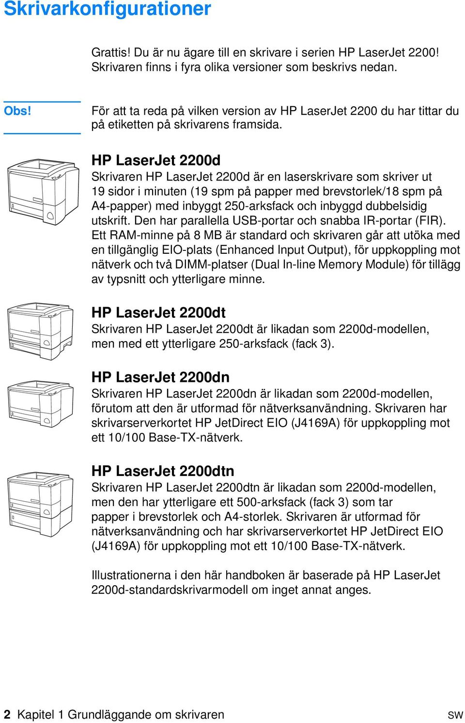 HP LaserJet 2200d Skrivaren HP LaserJet 2200d är en laserskrivare som skriver ut 19 sidor i minuten (19 spm på papper med brevstorlek/18 spm på A4-papper) med inbyggt 250-arksfack och inbyggd