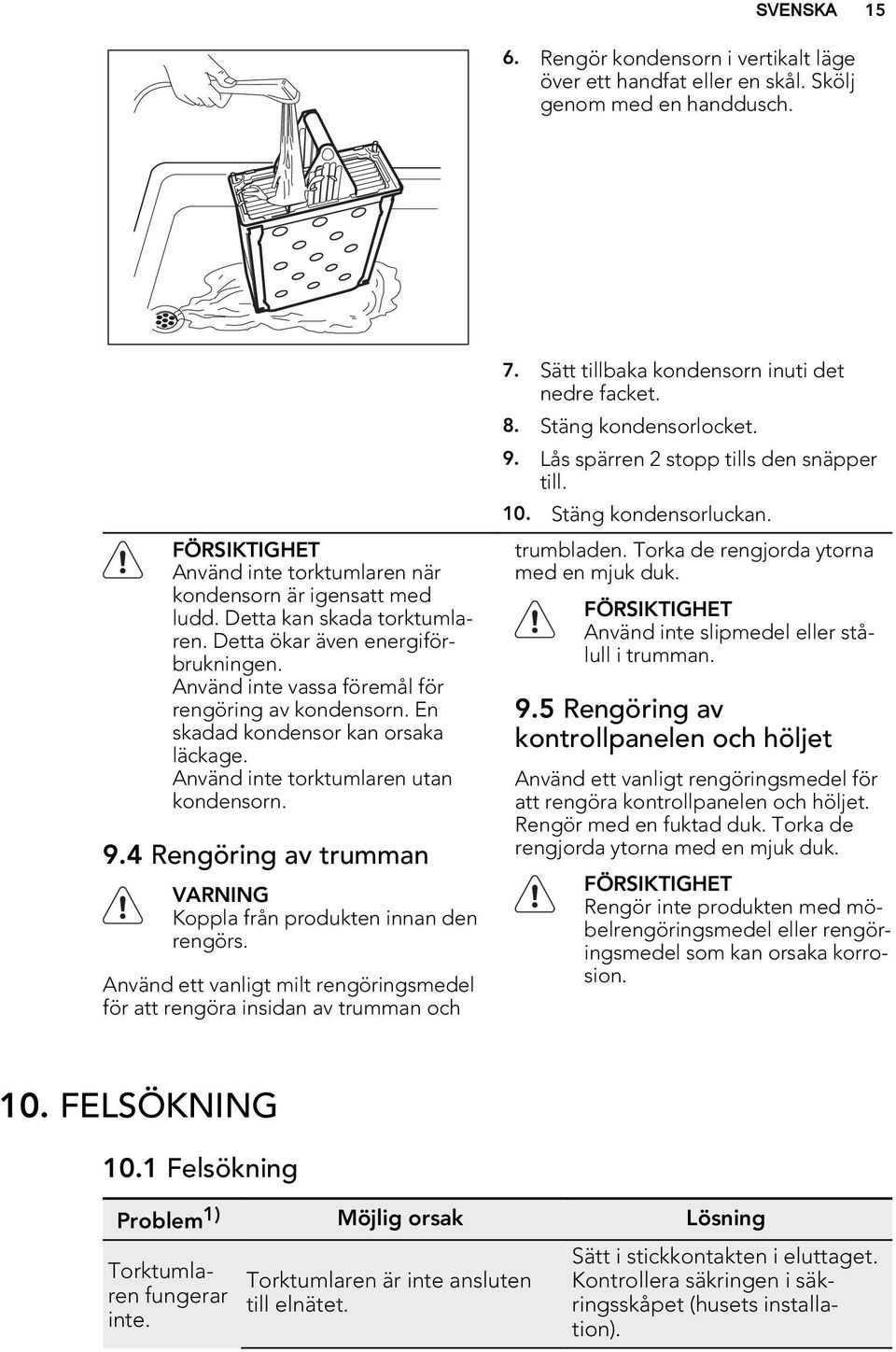 Använd inte torktumlaren utan kondensorn. 9.4 Rengöring av trumman VARNING Koppla från produkten innan den rengörs. Använd ett vanligt milt rengöringsmedel för att rengöra insidan av trumman och 7.