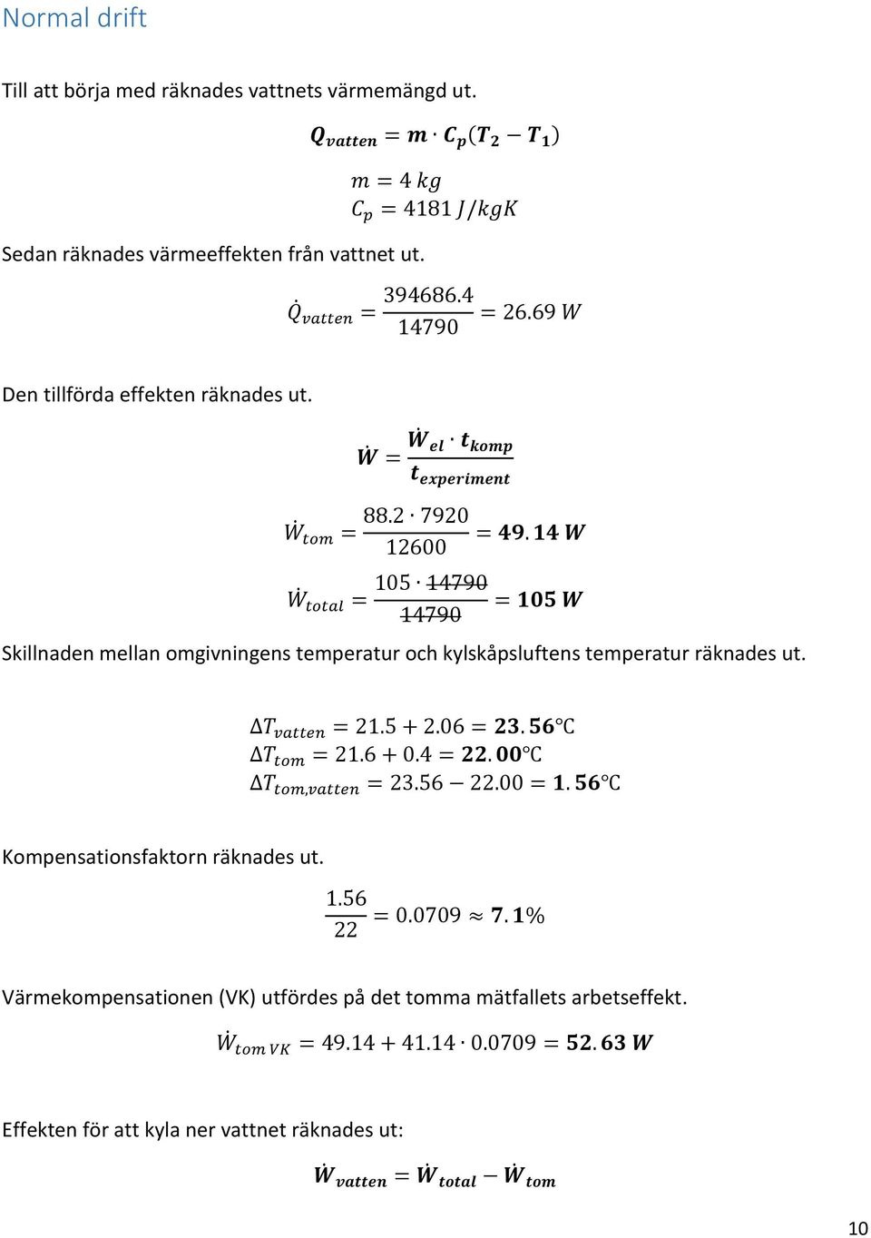 14 W = 105 W Skillnaden mellan omgivningens temperatur och kylskåpsluftens temperatur räknades ut. T vatten = 21.5 + 2.06 = 23. 56 T tom = 21.6 + 0.4 = 22. 00 T tom,vatten = 23.56 22.