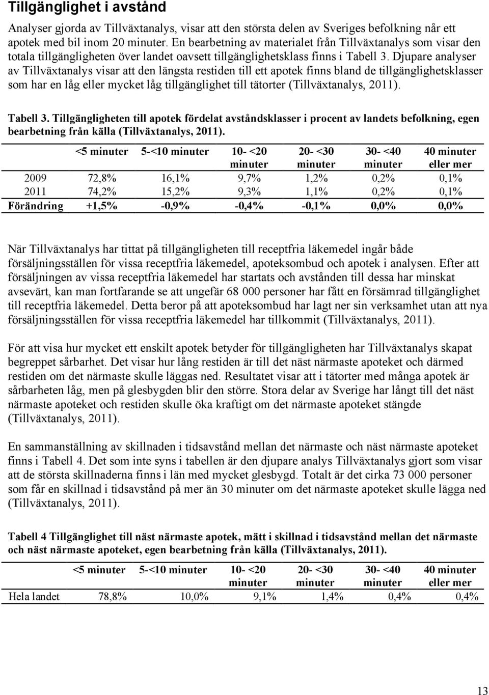 Djupare analyser av Tillväxtanalys visar att den längsta restiden till ett apotek finns bland de tillgänglighetsklasser som har en låg eller mycket låg tillgänglighet till tätorter (Tillväxtanalys,