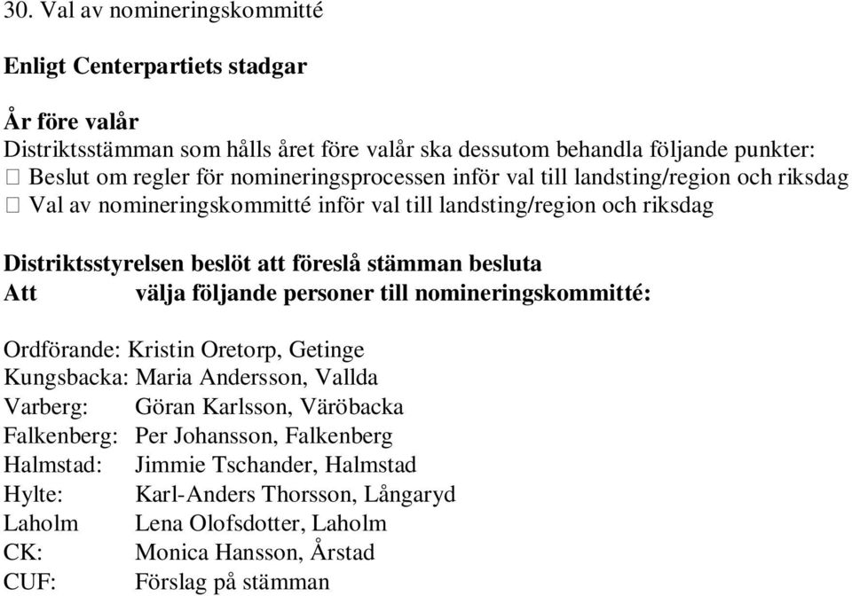 besluta Att välja följande personer till nomineringskommitté: Ordförande: Kristin Oretorp, Getinge Kungsbacka: Maria Andersson, Vallda Varberg: Göran Karlsson, Väröbacka Falkenberg: