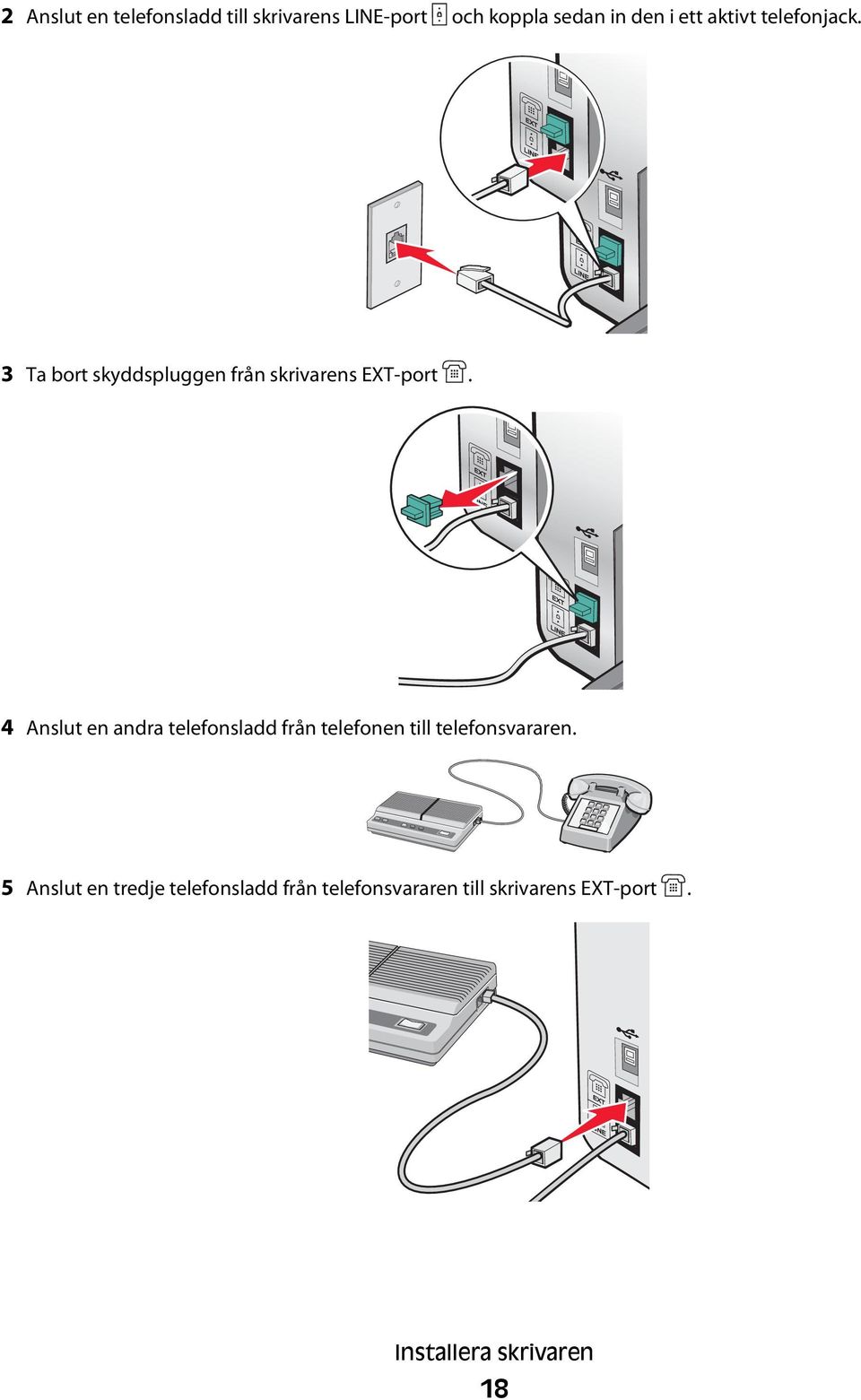 4 Anslut en andra telefonsladd från telefonen till telefonsvararen.