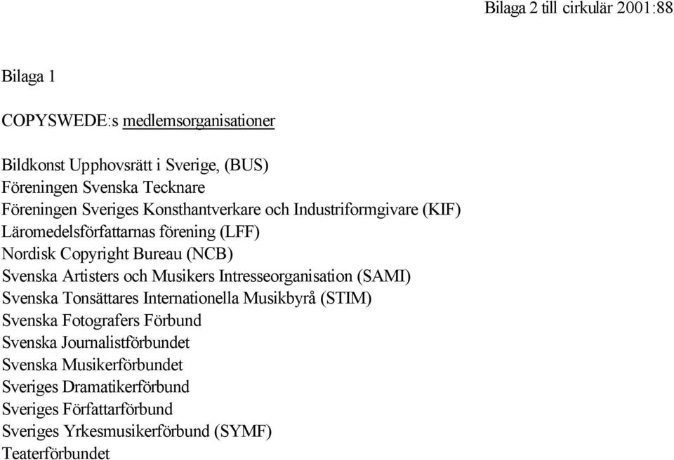 och Musikers Intresseorganisation (SAMI) Svenska Tonsättares Internationella Musikbyrå (STIM) Svenska Fotografers Förbund Svenska