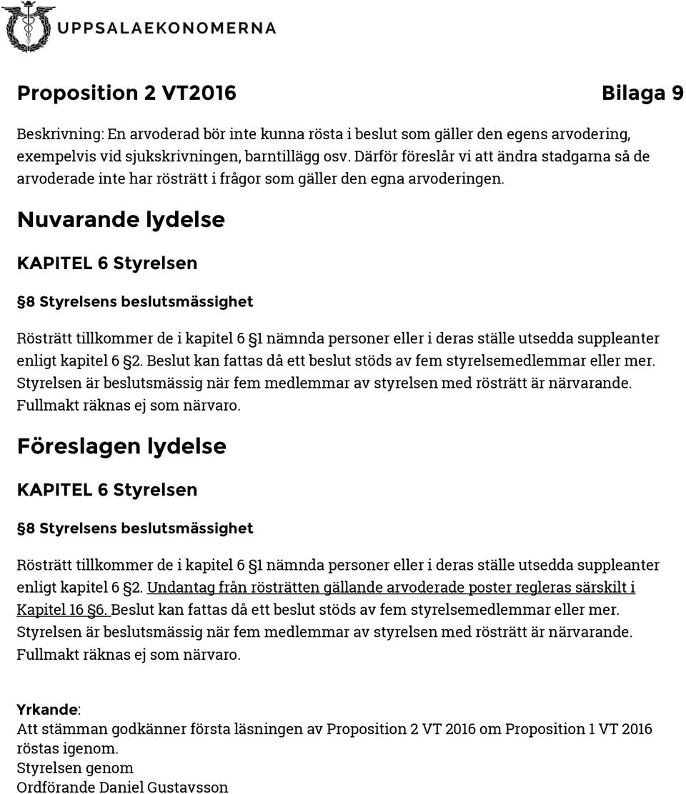 Nuvarande lydelse KAPITEL 6 Styrelsen 8 Styrelsens beslutsmässighet Rösträtt tillkommer de i kapitel 6 1 nämnda personer eller i deras ställe utsedda suppleanter enligt kapitel 6 2.