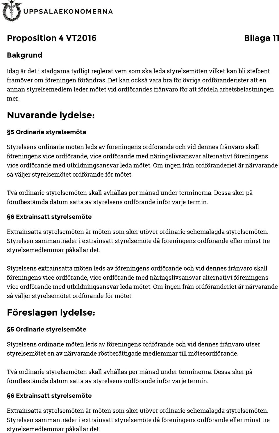 Nuvarande lydelse: 5 Ordinarie styrelsemöte Styrelsens ordinarie möten leds av föreningens ordförande och vid dennes frånvaro skall föreningens vice ordförande, vice ordförande med näringslivsansvar