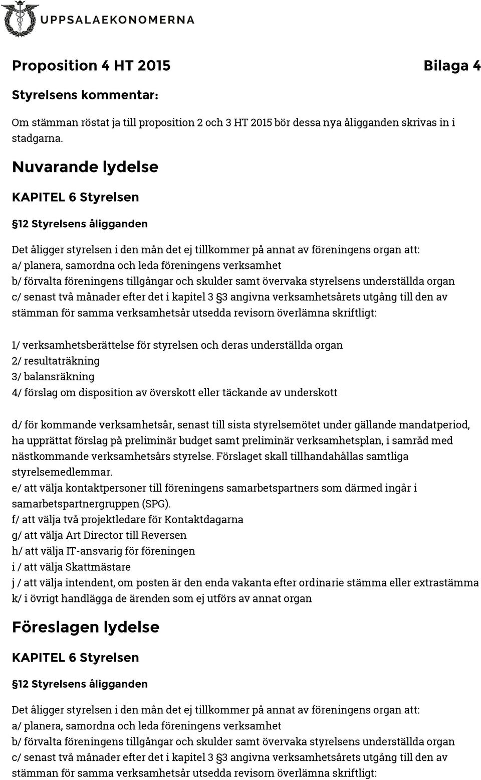 verksamhet b/ förvalta föreningens tillgångar och skulder samt övervaka styrelsens underställda organ c/ senast två månader efter det i kapitel 3 3 angivna verksamhetsårets utgång till den av stämman