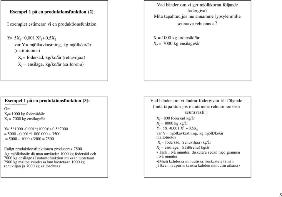 Y= 5X 1 0,001 X 2 1+0,5X 2 var Y = mjölkavkastning, kg mjölk/ko/år (maitotuotos) X 1 = fodersäd, kg/ko/år (rehuviljaa) X 2 = ensilage, kg/ko/år (säilörehu) X 1 = 1000 kg fodersäd/år X 2 = 7000 kg