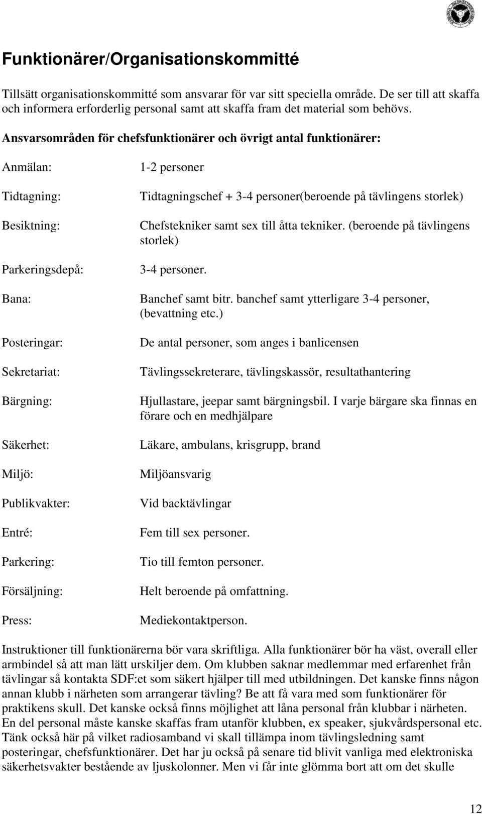 Ansvarsområden för chefsfunktionärer och övrigt antal funktionärer: Anmälan: Tidtagning: Besiktning: Parkeringsdepå: Bana: Posteringar: Sekretariat: Bärgning: Säkerhet: Miljö: Publikvakter: Entré: