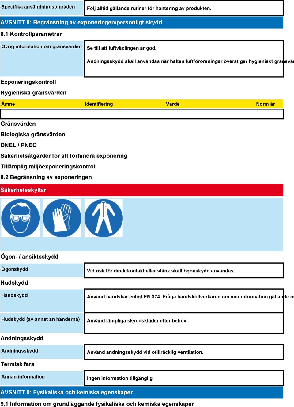 Andningsskydd skall användas när halten luftföroreningar överstiger hygieniskt gränsvär Exponeringskontroll Hygieniska gränsvärden Ämne Identifiering Värde Norm år Gränsvärden Biologiska gränsvärden