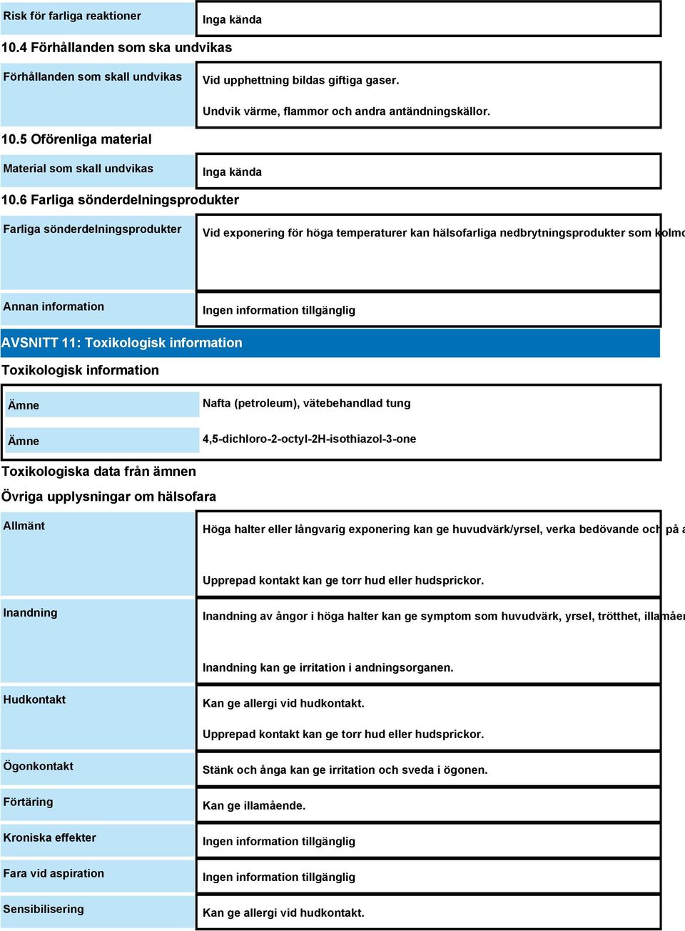 information Toxikologisk information Ämne Nafta (petroleum), vätebehandlad tung Ämne 4,5-dichloro-2-octyl-2H-isothiazol-3-one Toxikologiska data från ämnen Övriga upplysningar om hälsofara Allmänt