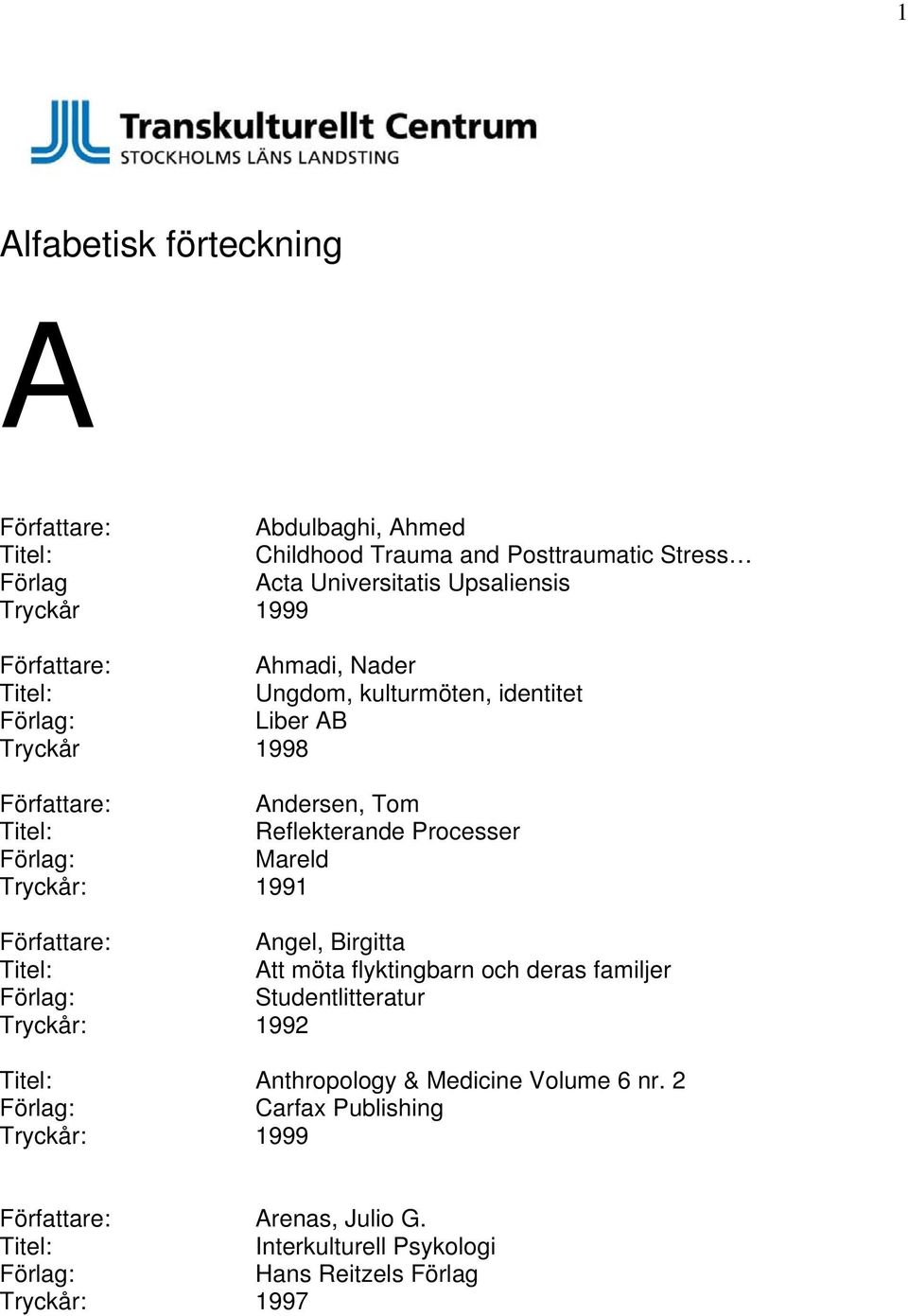 Tryckår: 1991 Angel, Birgitta Att möta flyktingbarn och deras familjer Studentlitteratur Tryckår: 1992 Anthropology &