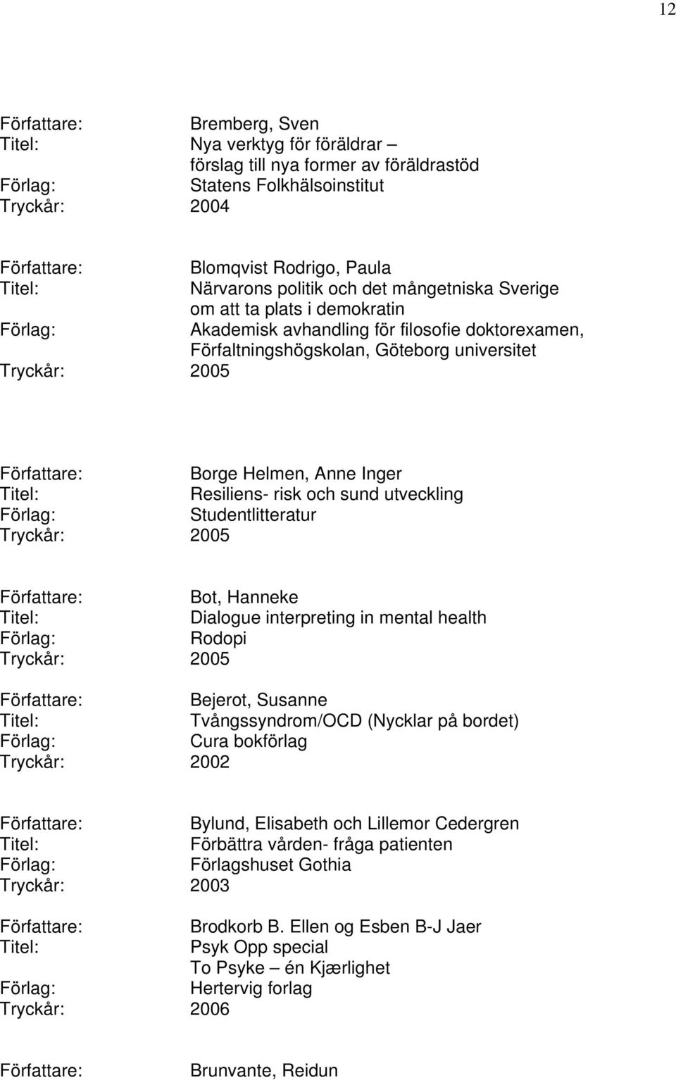 Studentlitteratur Bot, Hanneke Dialogue interpreting in mental health Rodopi Bejerot, Susanne Tvångssyndrom/OCD (Nycklar på bordet) Cura bokförlag Bylund, Elisabeth och Lillemor